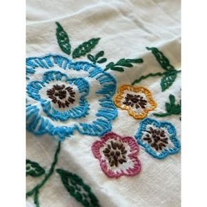 VTG EMBROIDERED PILLOW CASE CROCHETED TRIM BLUE PINK FLOWER GREEN LEAVES